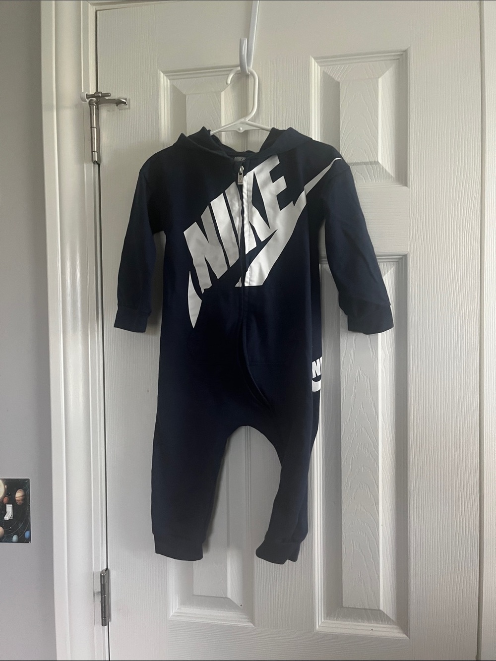 Nike Navy and White Hooded Baby One-Piece with Bold Logo